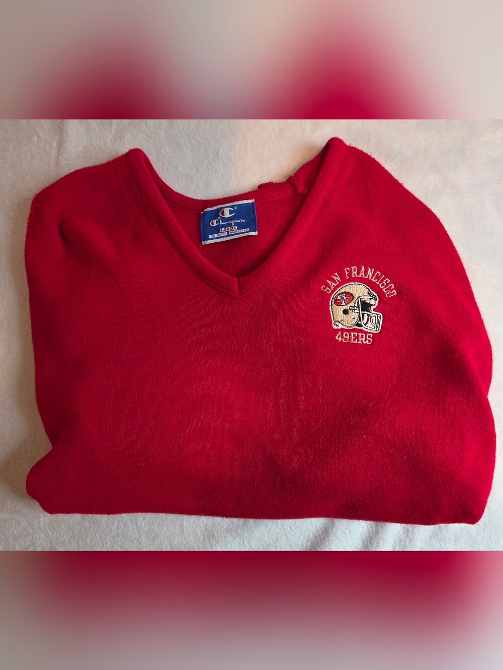 Men's Vintage 90s Champion San Francisco 49ers Sweater USA Made Red V-Neck Large